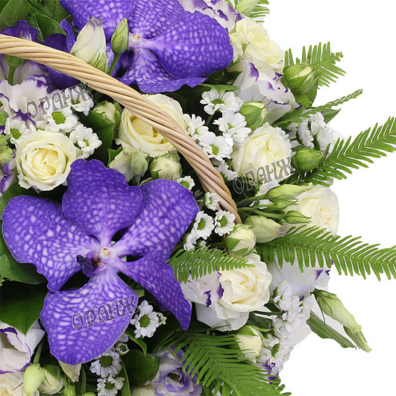 Корзина из орхидеи Ванда, лизиантуса, розы и хризантемы Сантини — фото 2