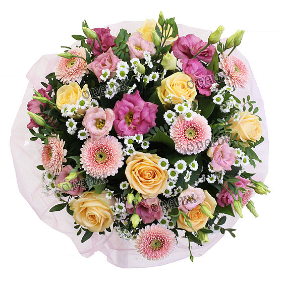 Букет из мини гербер, роз, лизиантуса и хризантемы Сантини — фото 2