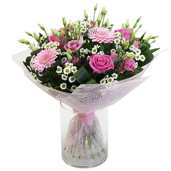 Букет из мини гербер, роз, лизиантуса и хризантемы Сантини — фото 1
