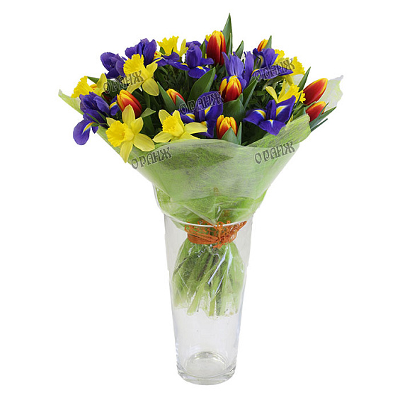 Букет из ирисов, нарциссов и тюльпанов — фото 1