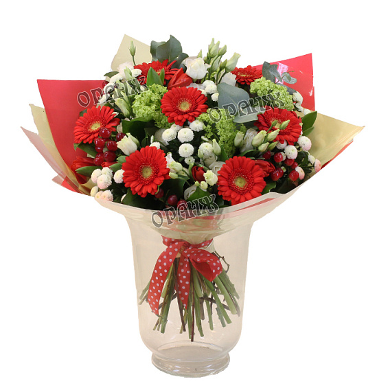 Букет из мини гербер, лизиантуса и тюльпанов — фото 1