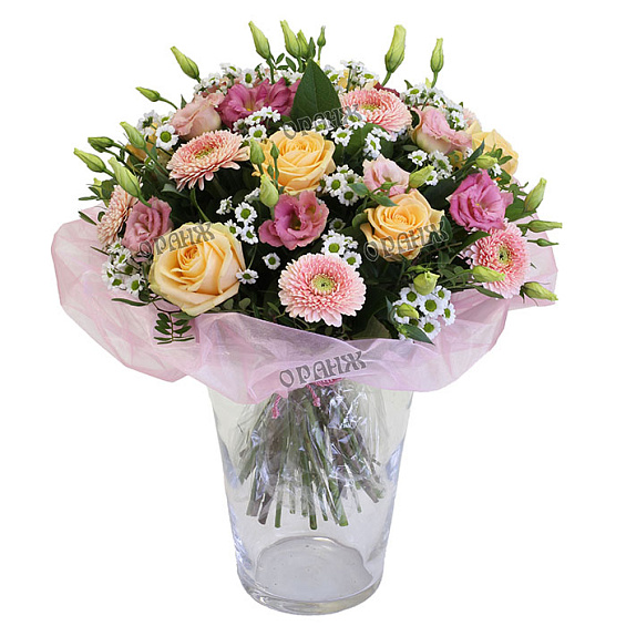 Букет из мини гербер, роз, лизиантуса и хризантемы Сантини — фото 1