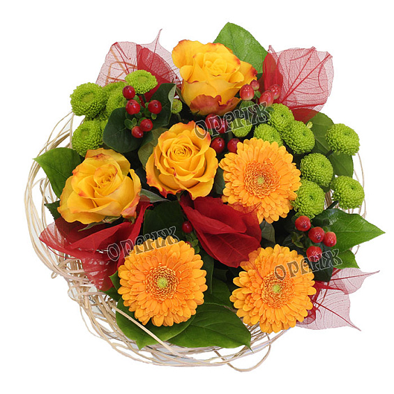 Букет из гербер, роз, хризантемы и хиперикума — фото 2